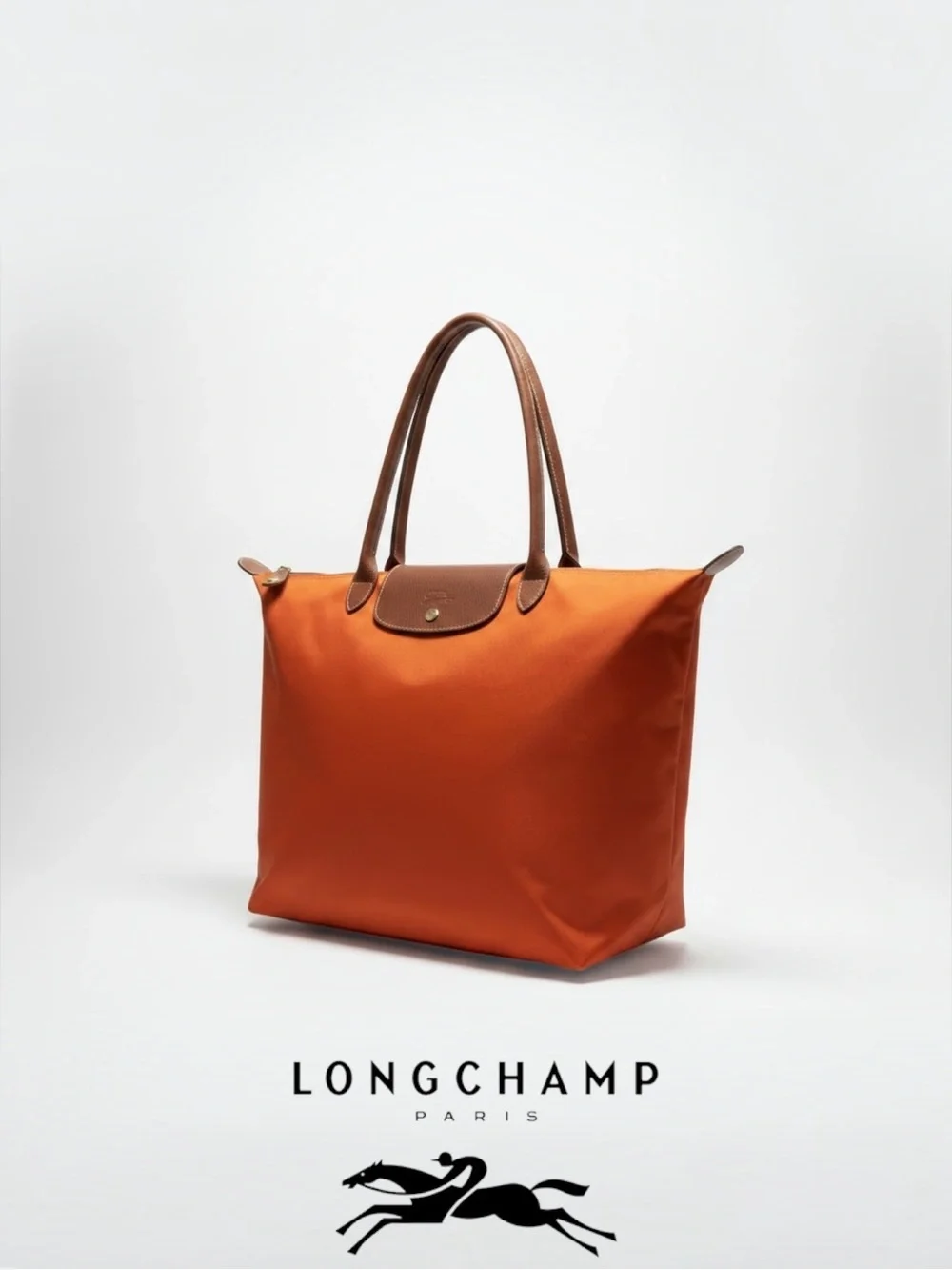 Longchamp Orange Nylon Tote with Brown Leather Handles